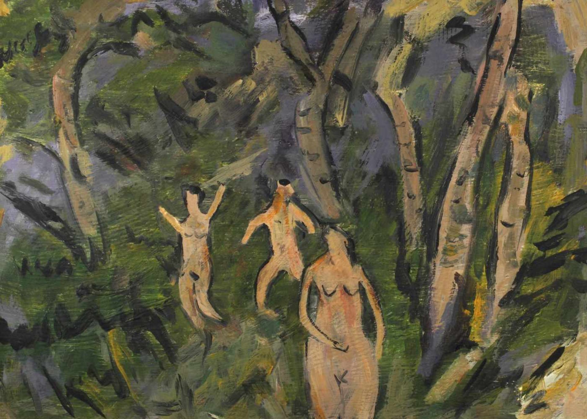 "Drei Akte im Wald" nach Ernst Ludwig Kirchner drei nackte Figuren unter Birken, in üppiger