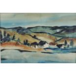 Friedrich VORDEMBERGE (1897 - 1981). Dorf am Fluss. 30 cm x 45 cm im Ausschnitt. Aquarell. Links