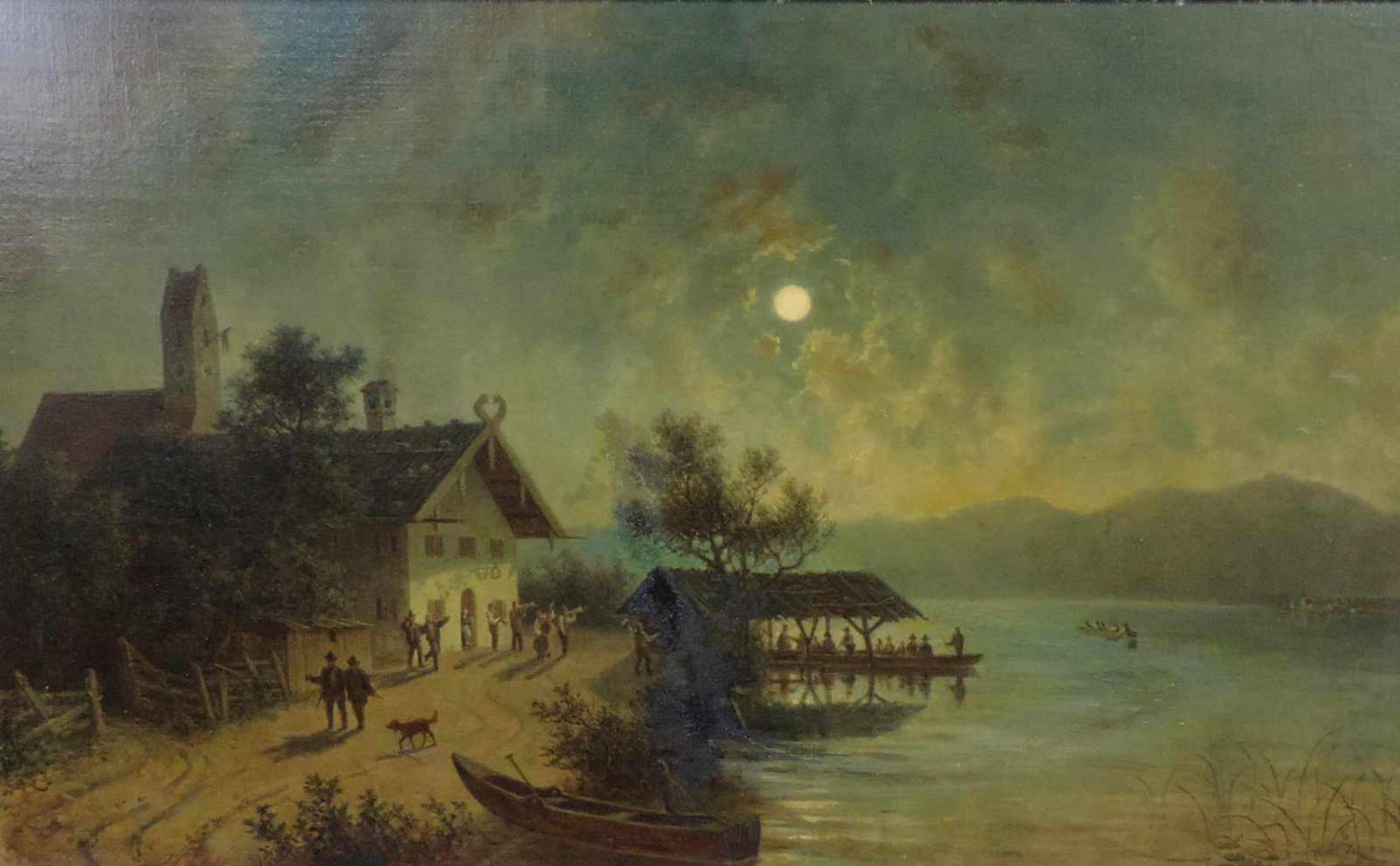 Franz Xaver VON HOFSTETTEN (1811 - 1883). Nocturno. Bläser vor Gasthaus am Gebirgssee. 43 cm x 71