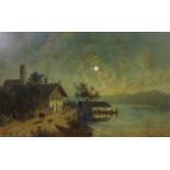 Franz Xaver VON HOFSTETTEN (1811 - 1883). Nocturno. Bläser vor Gasthaus am Gebirgssee. 43 cm x 71