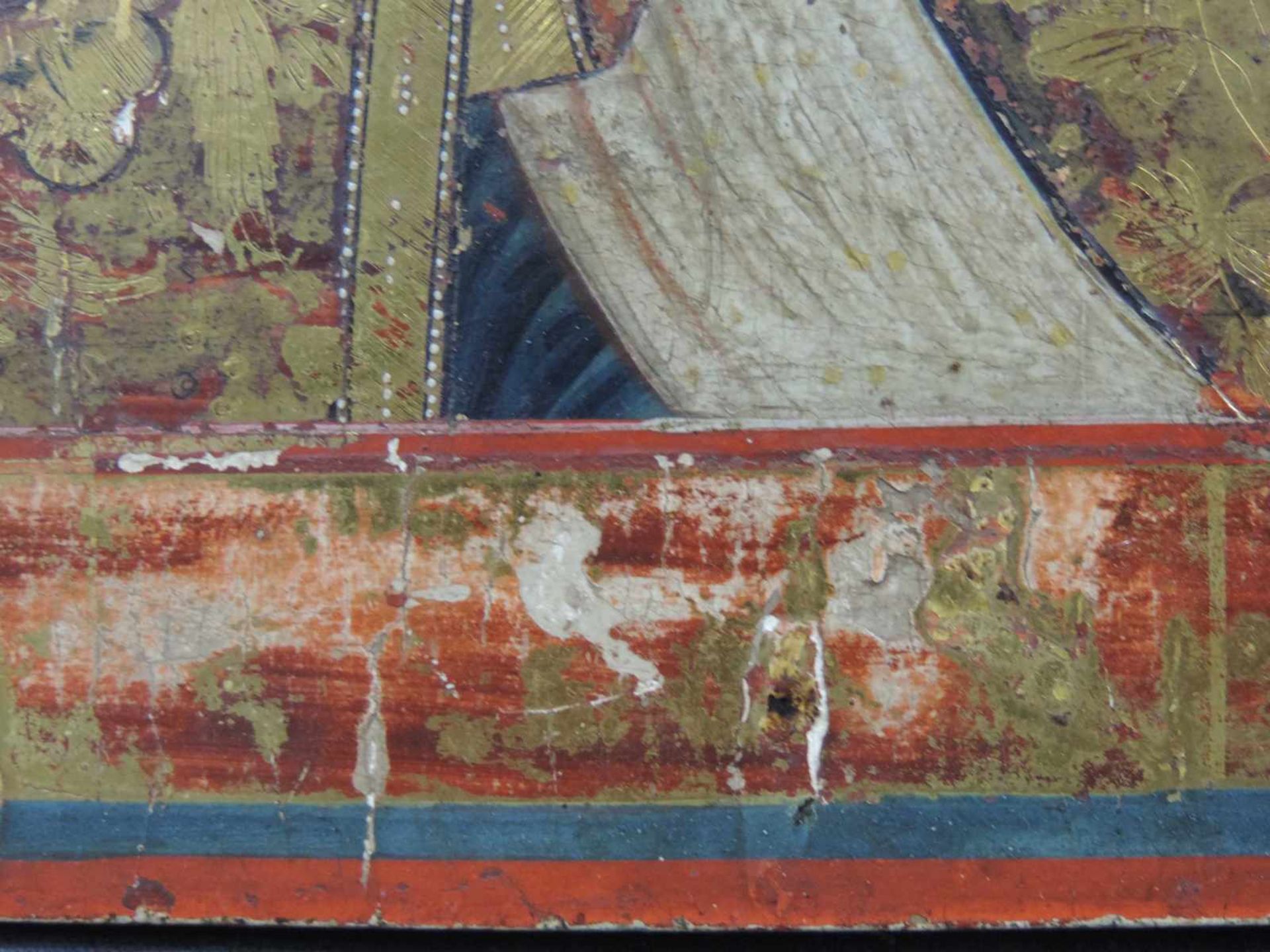 Ikone des Heiligen Nikolaus von Myra. Wohl Russland. 36 cm x 30 cm. Gemälde. Goldfarbe und Tempera/ - Bild 7 aus 8