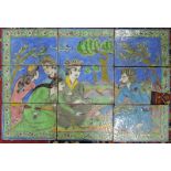 Fliesenbild aus 9 Kacheln. Iran. Qajar 19. Jahrhundert. 70 cm x 101 cm. U.a. beschädigt und