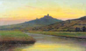 Wilhelm JETT (1846 - 1877). Flußlandschaft mit Burg. 80 cm x 48 cm. Öl auf Leinwand. Links unten