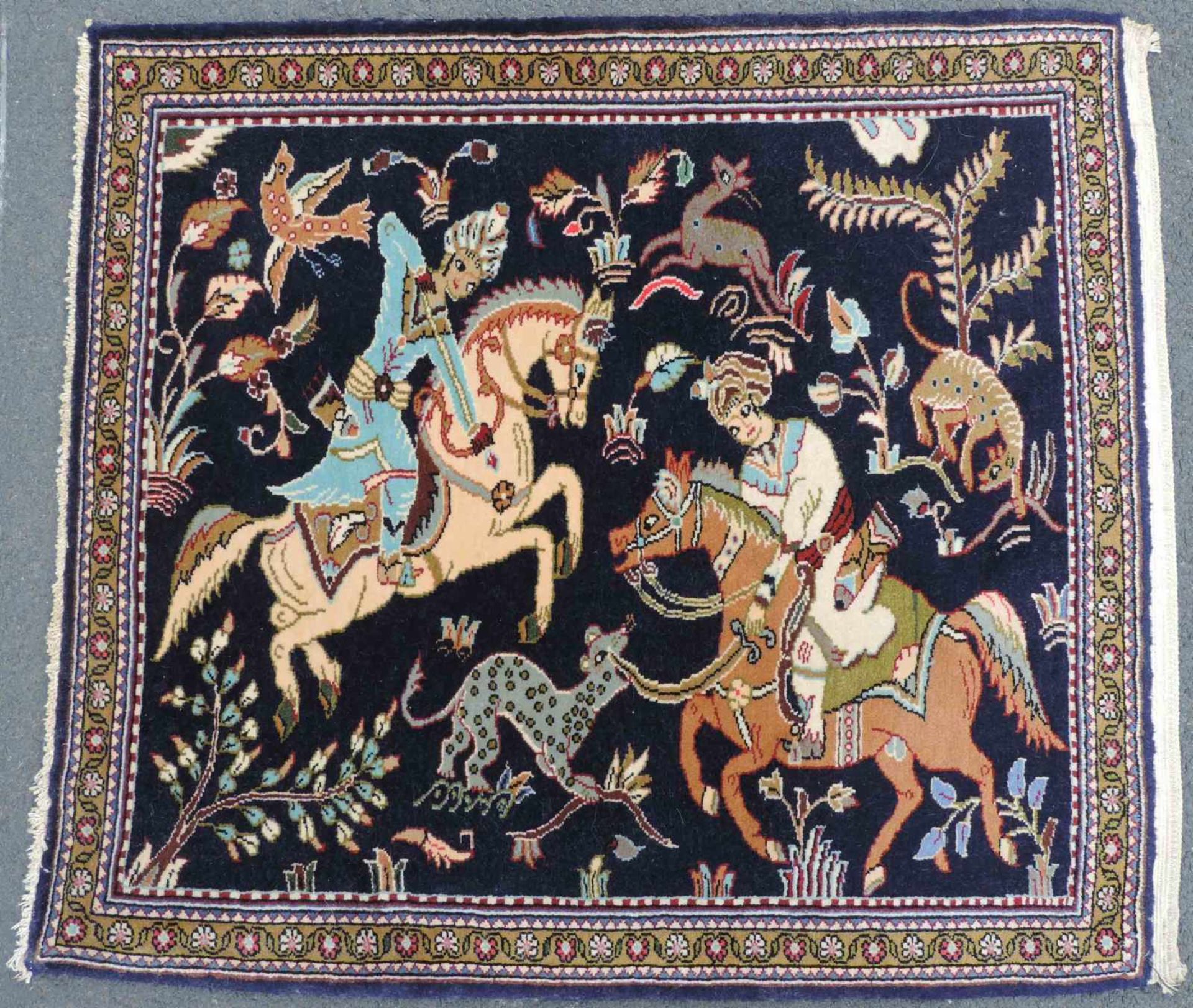 Bildteppich Ghom. Iran. Feine Knüpfung. 80 cm x 74 cm. Handgeknüpft. Wolle auf Baumwolle.