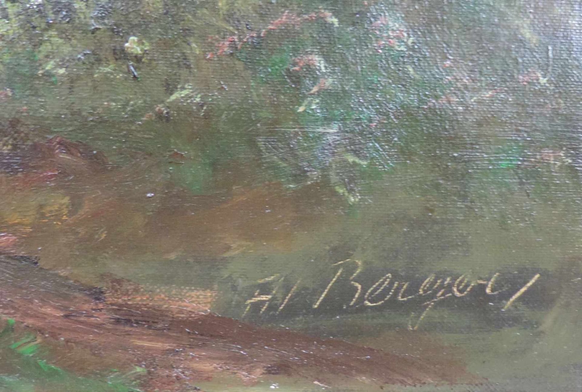 Albert BERGER (1883 - 1977). Bayerische Landschaft mit Fußgängern am Fluß. 40 cm x 80 cm. Gemälde. - Bild 3 aus 7