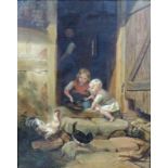 DEUTSCHE SCHULE (XIX). Kinder füttern das Federvieh. 46 cm x 37 cm. Gemälde. Öl auf Leinwand.
