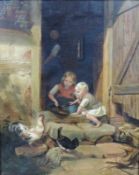 DEUTSCHE SCHULE (XIX). Kinder füttern das Federvieh. 46 cm x 37 cm. Gemälde. Öl auf Leinwand.