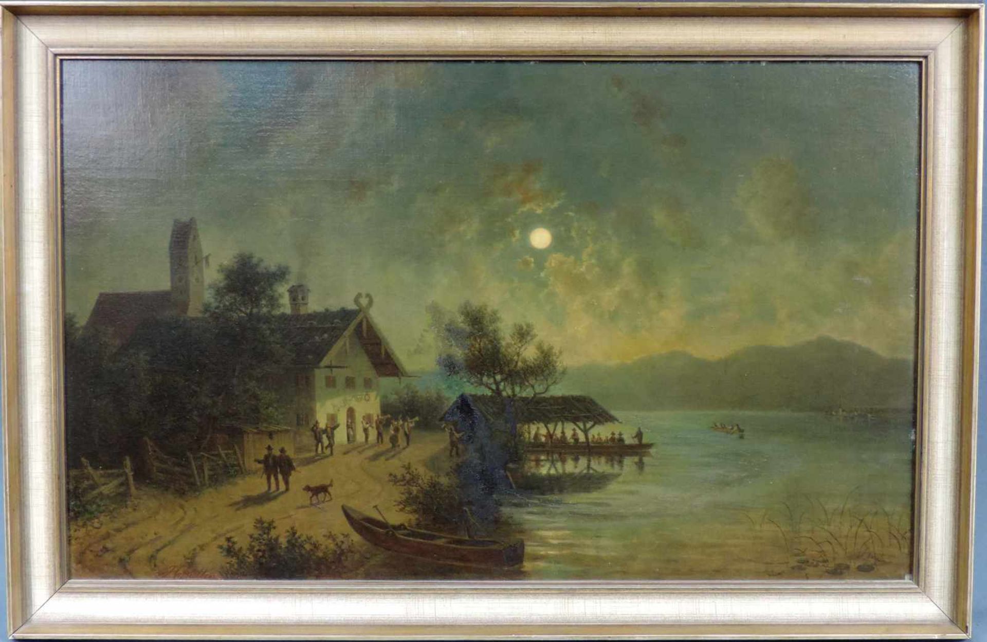 Franz Xaver VON HOFSTETTEN (1811 - 1883). Nocturno. Bläser vor Gasthaus am Gebirgssee. 43 cm x 71 - Image 2 of 4