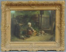 Mari TEN KATE (1831 - 1910). Tochter des Künstlers mit Malpalette und Hund. 34 cm x 51 cm.