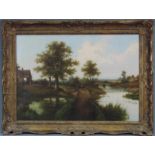 Hendrik Barend KOEKKOEK (1849 - 1909). Idyllische Szene am Flussufer. 61 cm x 92 cm. Gemälde. Öl auf