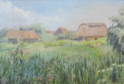 Mieczyslaw REYZNER (1861 - 1941). Dorf im Sommer mit Schilf. 27 cm x 41 cm. Gemälde. Öl auf