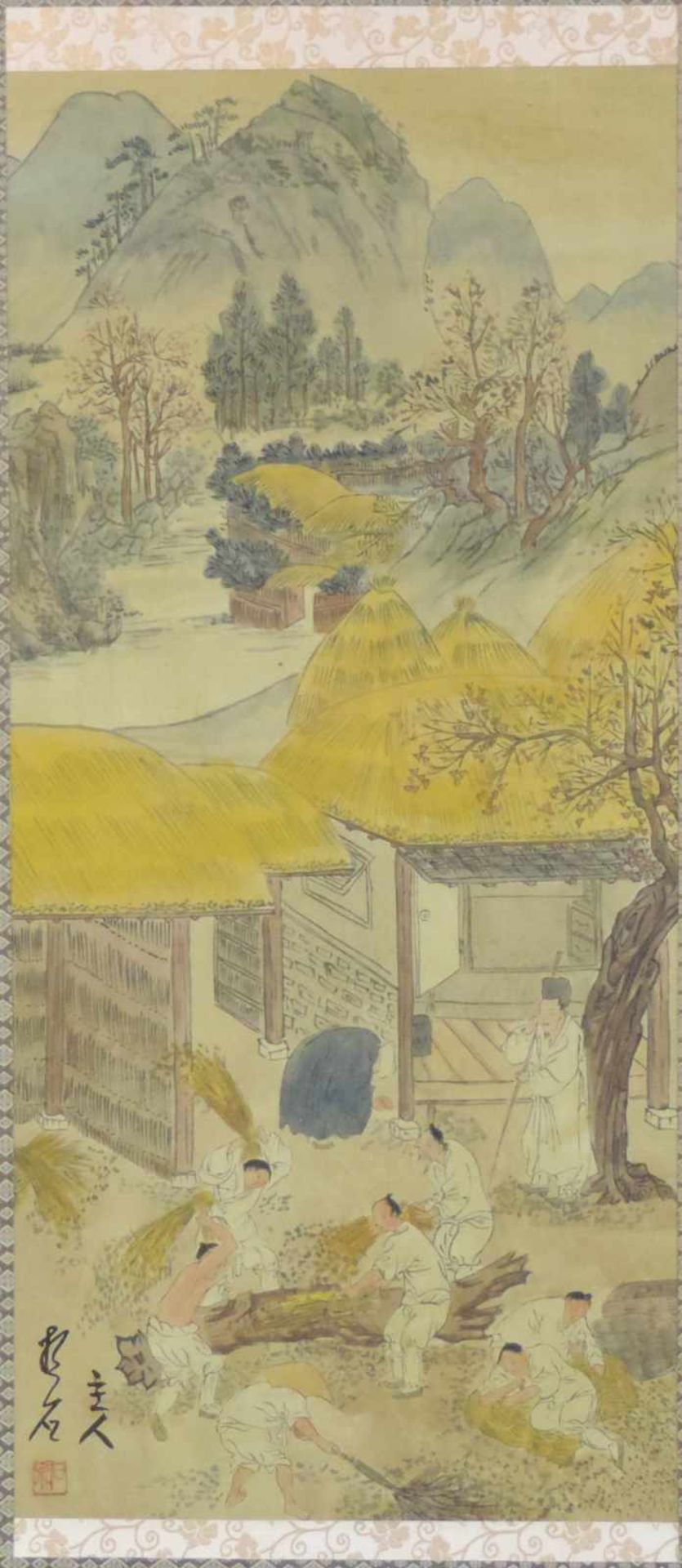 Malerei auf Papier. Landleben. Wohl China alt. 97 cm x 50 cm. Schriftzeichen und Stempel. Painting
