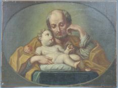 Unsigniert (XVIII). Joseph mit Jesus. 72 cm x 97 cm. Gemälde. Öl auf Leinwand. Doubliert.
