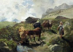 Ludwig WILLROIDER (1845 - 1910). Kuhhirtin im Gebirge. 54 cm x 72 cm. Gemälde. Öl auf Leinwand.