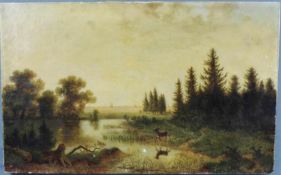 Franz Xaver VON HOFSTETTEN (1811 - 1883). Hirsch an einem See. 43 cm x 70 cm. Gemälde. Öl auf