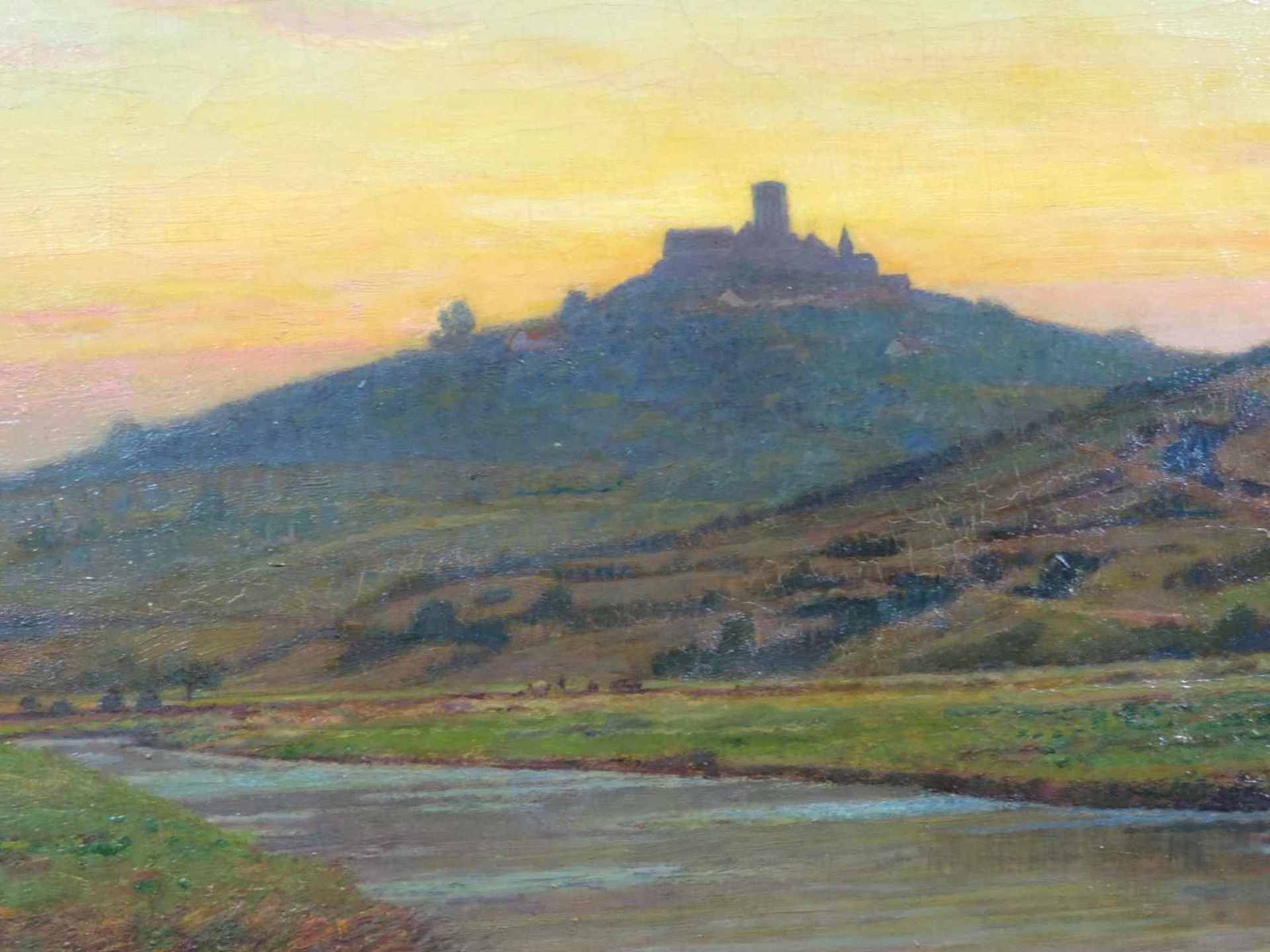 Wilhelm JETT (1846 - 1877). Flußlandschaft mit Burg. 80 cm x 48 cm. Öl auf Leinwand. Links unten - Bild 4 aus 6