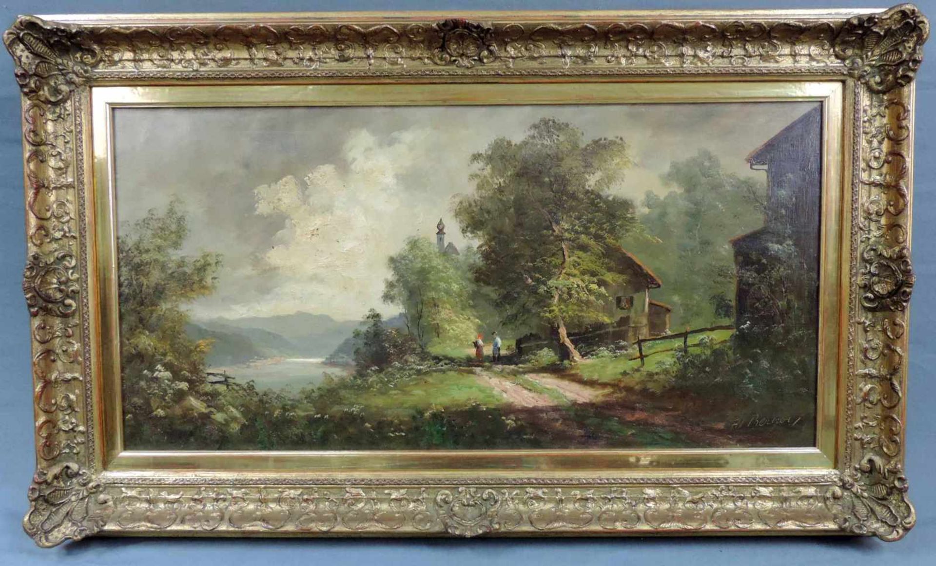 Albert BERGER (1883 - 1977). Bayerische Landschaft mit Fußgängern am Fluß. 40 cm x 80 cm. Gemälde. - Bild 2 aus 7