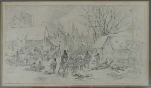 Heinrich WINTER (1843 - 1911). Abtransport der Gefangenen. 14 cm x 25 cm. Skizze. Tusche auf Papier.