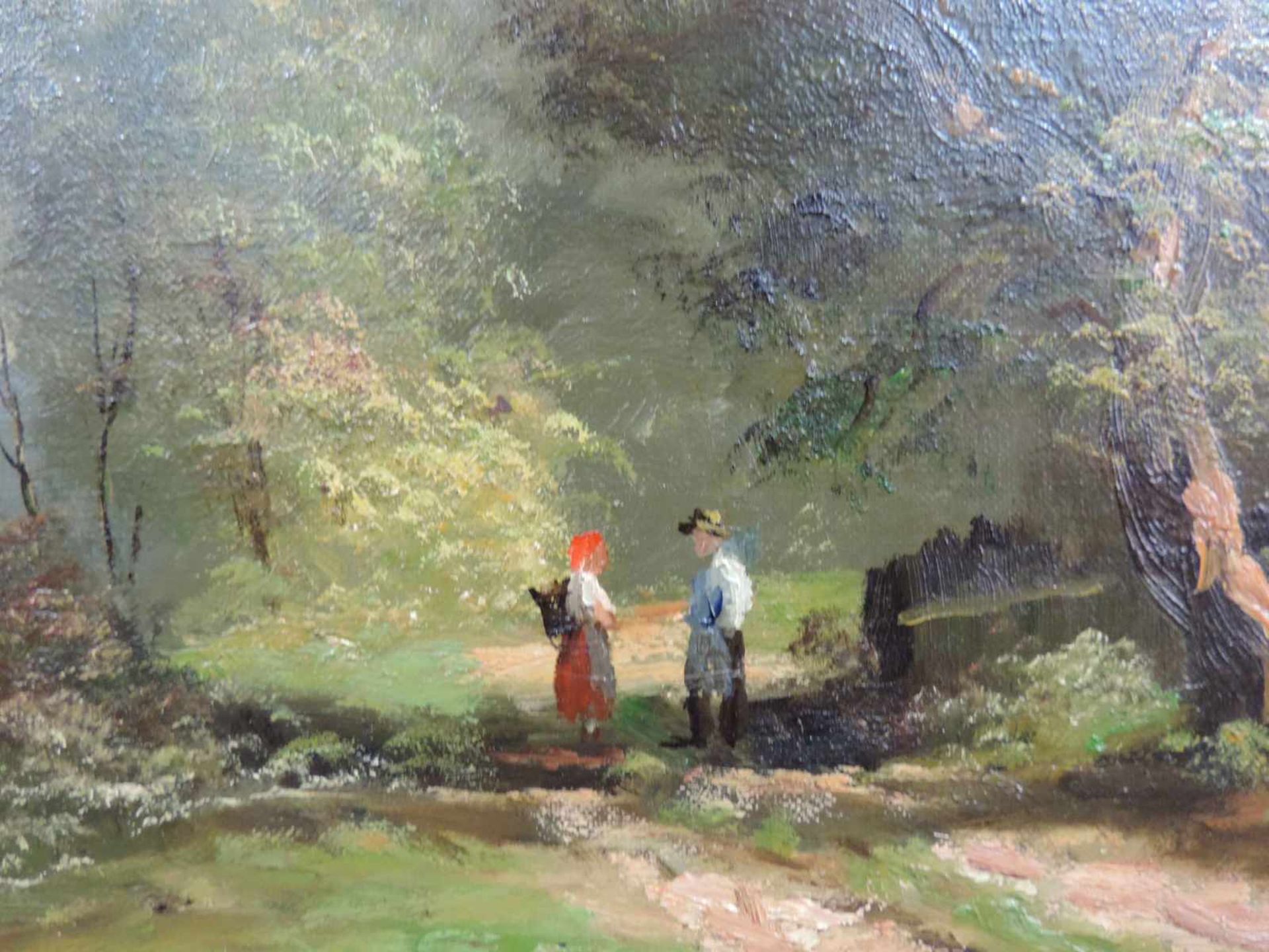 Albert BERGER (1883 - 1977). Bayerische Landschaft mit Fußgängern am Fluß. 40 cm x 80 cm. Gemälde. - Bild 5 aus 7