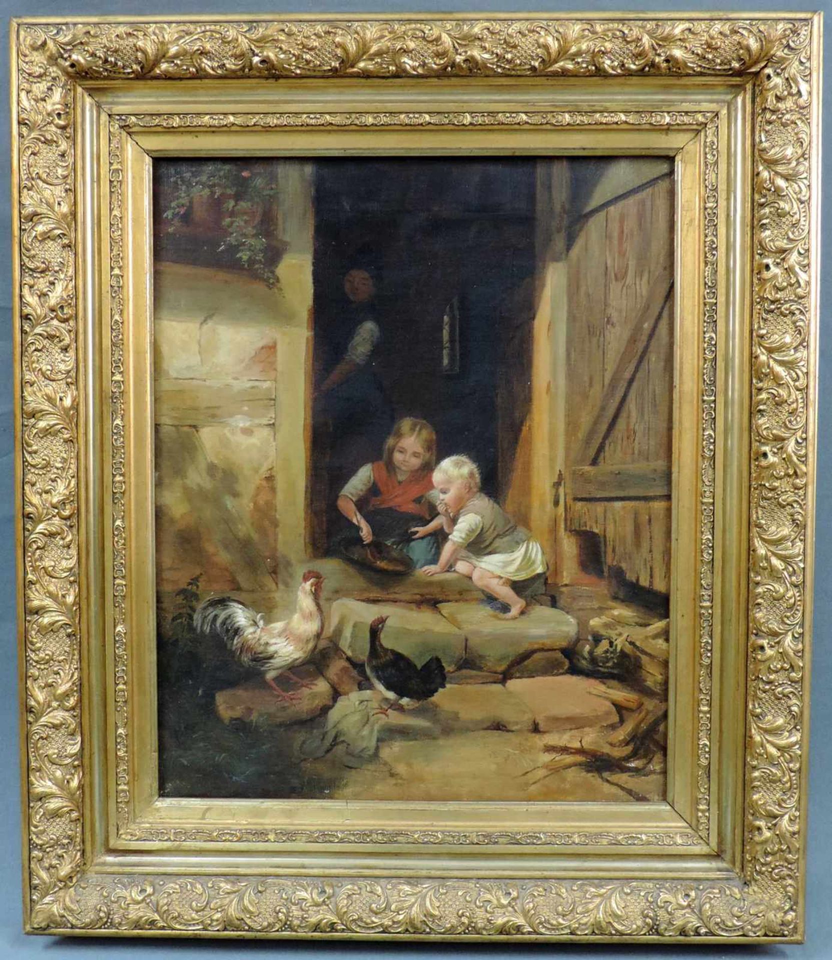 DEUTSCHE SCHULE (XIX). Kinder füttern das Federvieh. 46 cm x 37 cm. Gemälde. Öl auf Leinwand. - Bild 2 aus 6