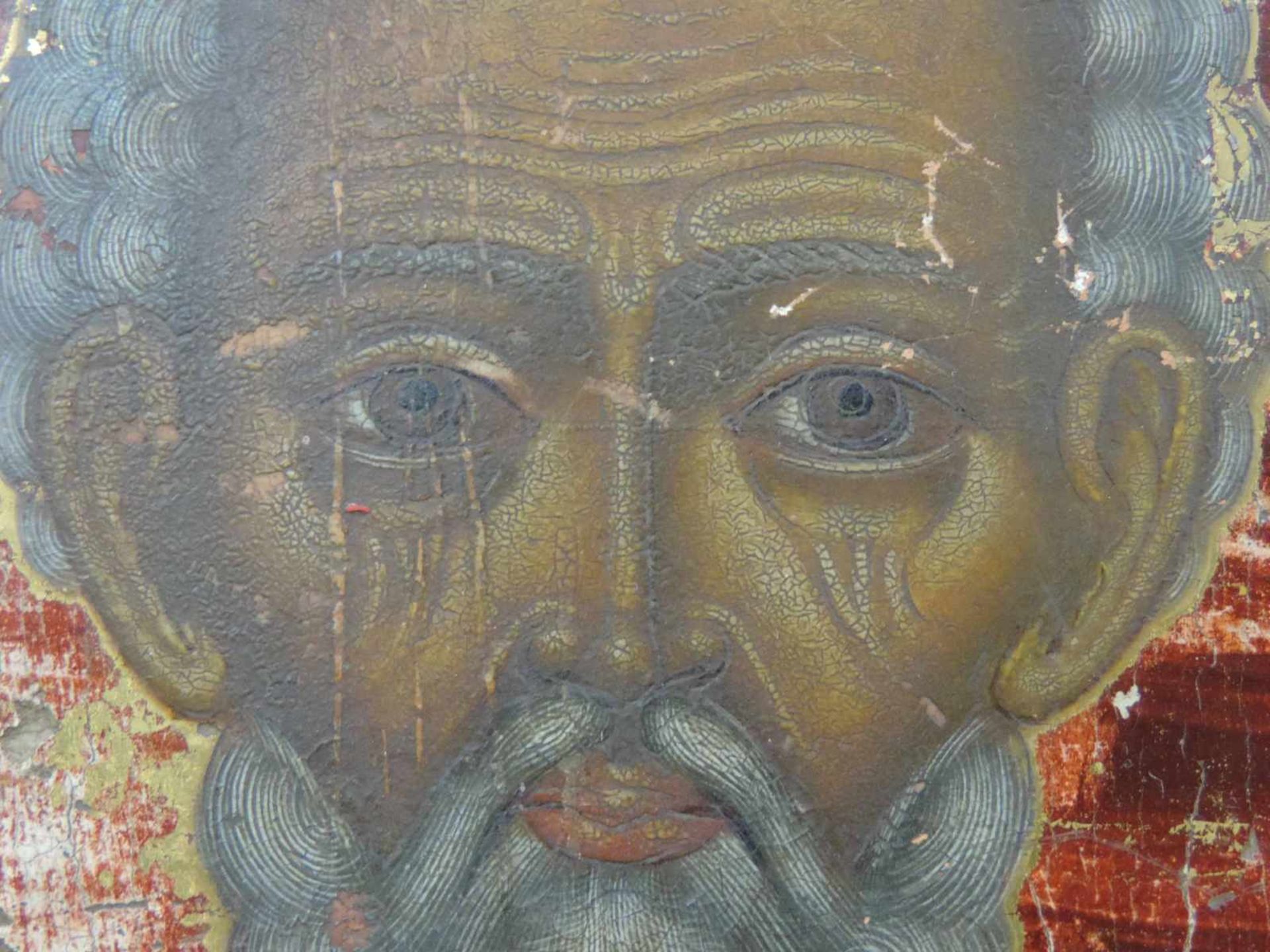 Ikone des Heiligen Nikolaus von Myra. Wohl Russland. 36 cm x 30 cm. Gemälde. Goldfarbe und Tempera/ - Bild 6 aus 8