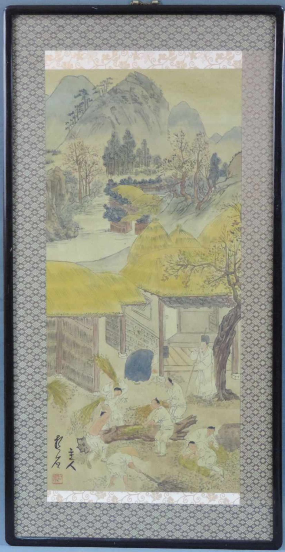 Malerei auf Papier. Landleben. Wohl China alt. 97 cm x 50 cm. Schriftzeichen und Stempel. Painting - Bild 2 aus 7