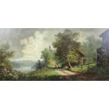 Albert BERGER (1883 - 1977). Bayerische Landschaft mit Fußgängern am Fluß. 40 cm x 80 cm. Gemälde.