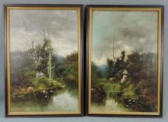 V. ALLECCY (XIX). Romantische Begegnung am Fluss. Paar. 2 Gemälde. Je, Öl auf Leinwand, 76 cm x 51