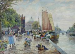 F. Max RICHTER-REICH (1896 - 1950). Gracht mit Blumenmarkt in Amsterdam 80 cm x 122 cm. Gemälde.