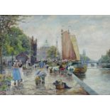 F. Max RICHTER-REICH (1896 - 1950). Gracht mit Blumenmarkt in Amsterdam 80 cm x 122 cm. Gemälde.