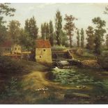 Alfred VON ERNST (1799 - 1850). Mühle mit Gänsen. 80 cm x 106 cm. Gemälde. Öl auf Leinwand. Links