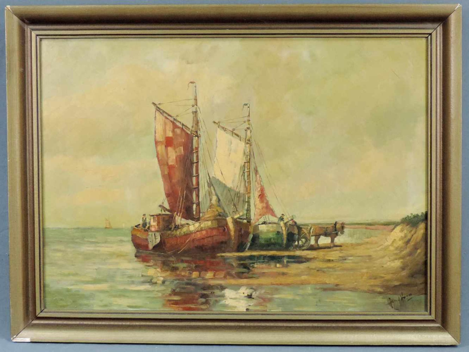 Josef HORN (1902 - 1951). Entladen von zwei Plattbodenschiffen im Watt. 50 cm x 70 cm. Gemälde. Öl - Bild 2 aus 5