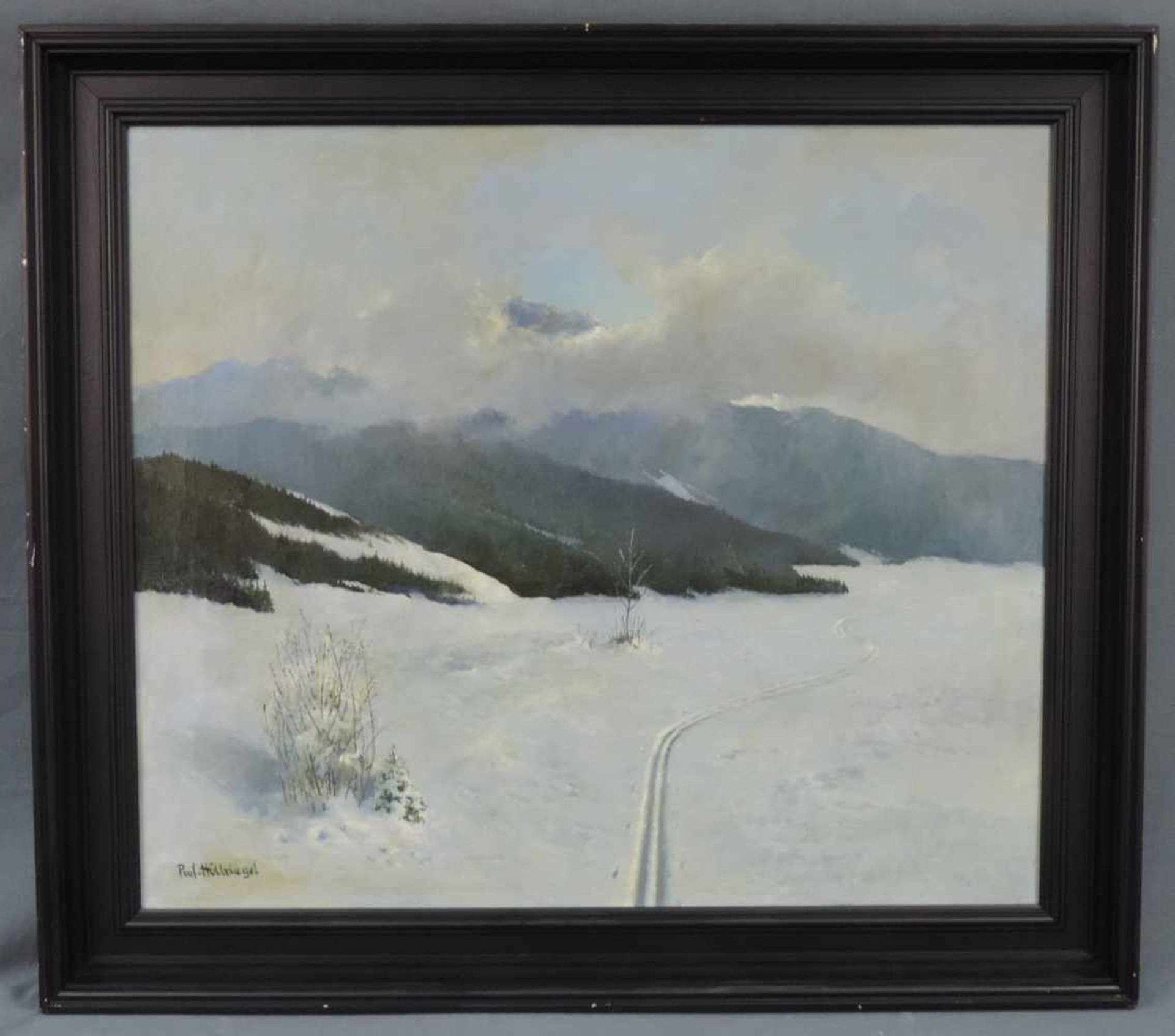 August HÖLLRIEGEL (1880 - 1971). Skispuren in den Alpen. 60 cm x 70 cm. Gemälde. Öl auf Leinwand. - Bild 2 aus 5