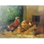 M. HAENGER (XX). Hühner mit Hahn. 12 cm x 16 cm. Gemälde, Öl auf Holz. Signiert. M. HAENGER (XX).