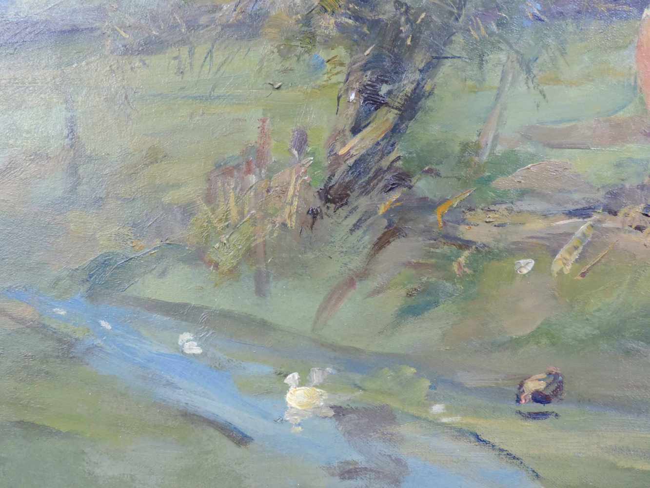 UNDEUTLICH SIGNIERT (XIX - XX). Bauernmädchen führt zwei Bullen. 60 cm x 80 cm. Gemälde. Öl auf - Image 5 of 6