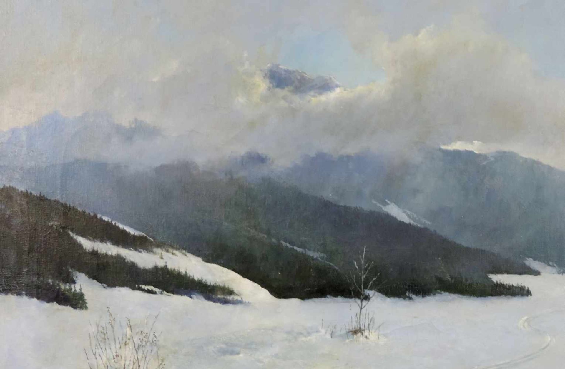 August HÖLLRIEGEL (1880 - 1971). Skispuren in den Alpen. 60 cm x 70 cm. Gemälde. Öl auf Leinwand. - Bild 3 aus 5