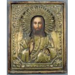 Alte, handgemalte Ikone, Jesus Christus mit Oklat. 24 cm x 19 cm. Old, hand painted icon, Jesus