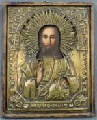 Alte, handgemalte Ikone, Jesus Christus mit Oklat. 24 cm x 19 cm. Old, hand painted icon, Jesus