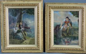 UNSIGNIERT (XVIII - XIX). Flirt bei Vollmond und am Brunnen. 2 Gemälde. Je 32 cm x 23,5 cm. Öl auf