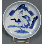 Teller, 19. Jahrhundert. Storchenmotiv. China. Blau Weiß Porzellan. 20,5 cm Durchmesser. Plate, 19th