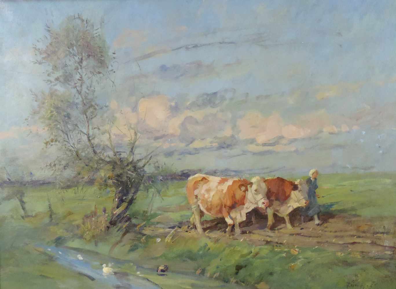 UNDEUTLICH SIGNIERT (XIX - XX). Bauernmädchen führt zwei Bullen. 60 cm x 80 cm. Gemälde. Öl auf