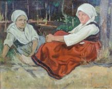 Karl LANG (1913 -?). Zwei Bäuerinnen 1932. 30 cm x 36 cm. Gemälde. Öl auf Holz. Rechts unten