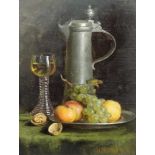Max LOOSE (1869 -?). Stillleben mit Wein, Äpfeln und Walnüssen, 1892. 33 cm x 25,5 cm. Gemälde Öl