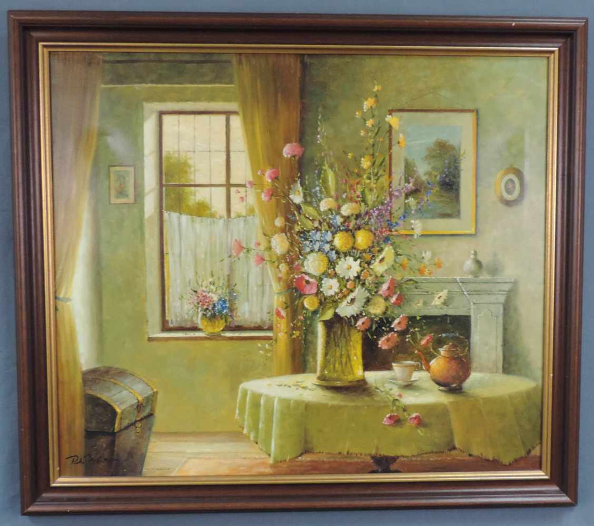 Peter MEHNER (1944 -). Interieur mit Sommerblumenstrauß. 60 cm x 70 cm. Gemälde. Öl auf Leinwand. - Bild 2 aus 5