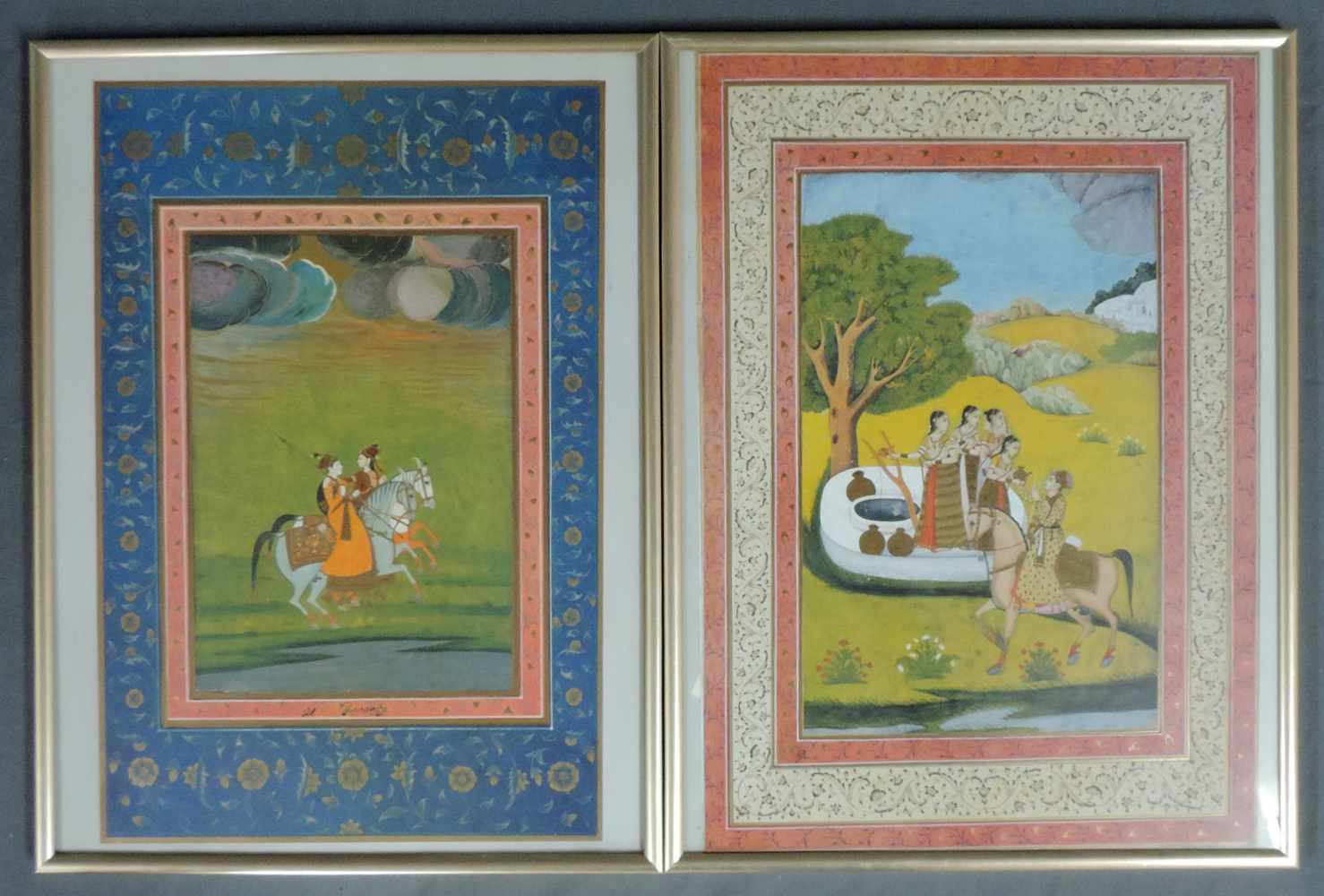 Zwei Miniaturmalereien Indien, Gouache. Mit Blattgold gehöht. Bis 39 cm x 27,5 cm. Two miniatures