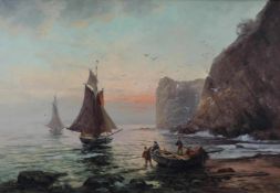 A. Heyder (XIX - XX). Anlanden des Fangs. 60 cm x 83 cm. Gemälde. Öl auf Leinwand. Links unten