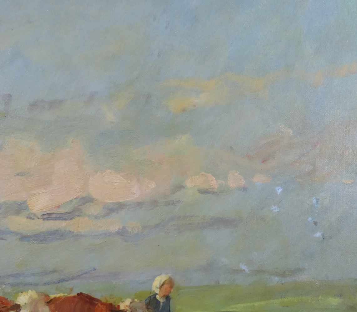 UNDEUTLICH SIGNIERT (XIX - XX). Bauernmädchen führt zwei Bullen. 60 cm x 80 cm. Gemälde. Öl auf - Image 3 of 6