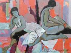 Marjatta SARASALO (1930 -). Odaliscas, 1983. Gemälde, Acryl auf Leinwand, 24 cm x 33 cm. Rechts