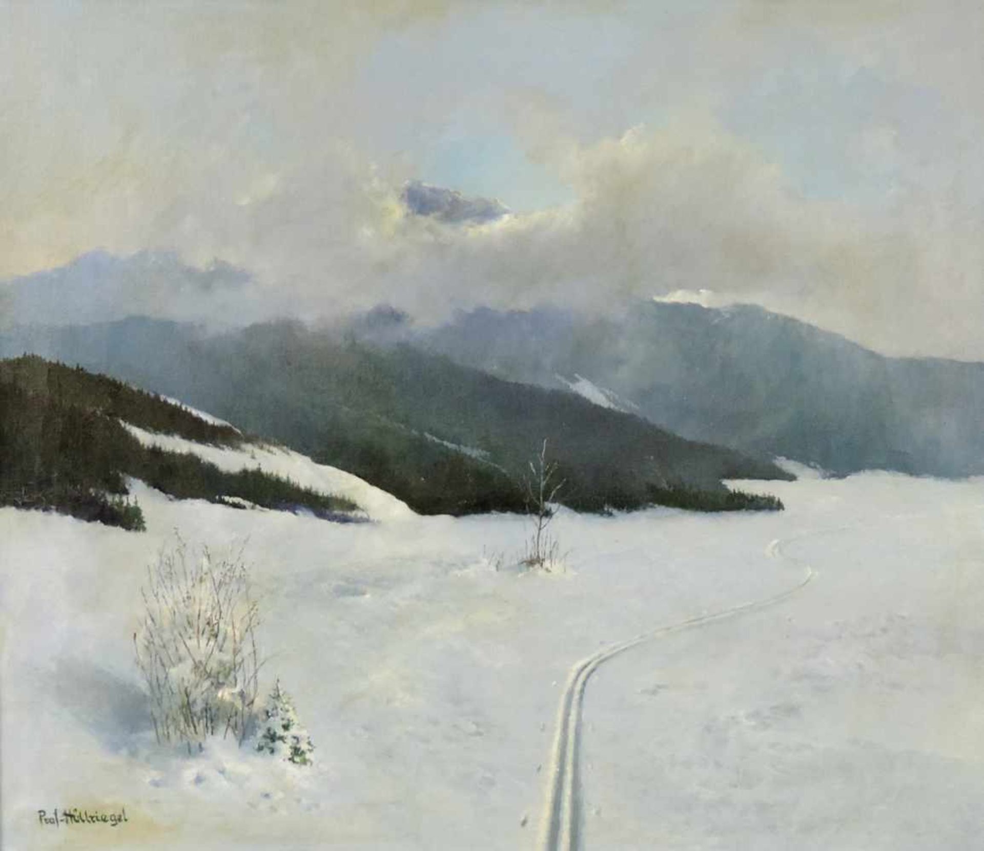 August HÖLLRIEGEL (1880 - 1971). Skispuren in den Alpen. 60 cm x 70 cm. Gemälde. Öl auf Leinwand.