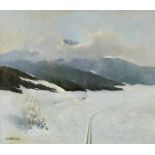 August HÖLLRIEGEL (1880 - 1971). Skispuren in den Alpen. 60 cm x 70 cm. Gemälde. Öl auf Leinwand.